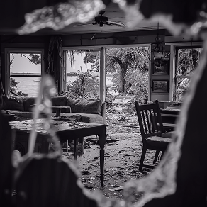 Broken glass in window frame
